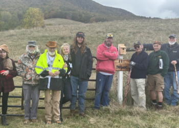 L to R: Roseanna Sacco - Research, Assistant Design, Clearing, Jerry Richmond (clearing trail), O.Ashby Berkley - Project Manager Sweet Springs Park, Cynthia Tilley - signs for trail, Zen Clements - Designer, Developer, Professional Mountain Biker, Hiker, Randy DuPre - signs, clearing, machine operator, maintenance, Dale McChutcheon - Designer, Trail Expert, Historian, Hiker, Trail Law, Doug Wood - Allegheny Trail Designer, Trails Expert, Allegheny Trail Committee, Hiker, Historian, and Trail Law, Brian Hirt - Former President of Allegheny Trail. Not shown: Mark Mengeley - Historian, Allegheny Trail