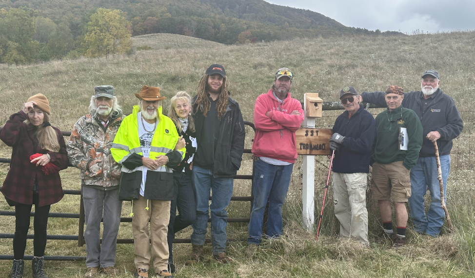 L to R: Roseanna Sacco - Research, Assistant Design, Clearing, Jerry Richmond (clearing trail), O.Ashby Berkley - Project Manager Sweet Springs Park, Cynthia Tilley - signs for trail, Zen Clements - Designer, Developer, Professional Mountain Biker, Hiker, Randy DuPre - signs, clearing, machine operator, maintenance, Dale McChutcheon - Designer, Trail Expert, Historian, Hiker, Trail Law, Doug Wood - Allegheny Trail Designer, Trails Expert, Allegheny Trail Committee, Hiker, Historian, and Trail Law, Brian Hirt - Former President of Allegheny Trail. Not shown: Mark Mengeley - Historian, Allegheny Trail