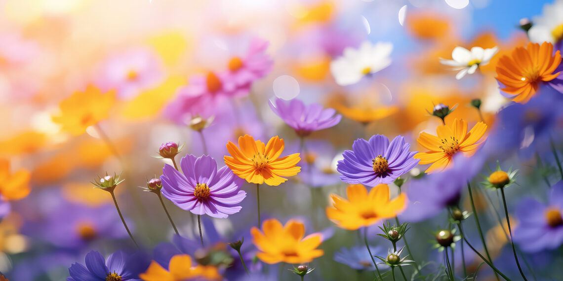 Beautiful field of colorful cosmos flower in a meadow in nature in the rays of sunlight in summer in the spring close-up of a macro. A picturesque colorful artistic image with a soft focus, beautiful bokeh.