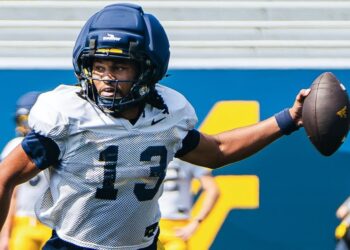 Jaylen Henderson is a big, talented QB that could very well be the starter for the Mountaineers. Henderson started four games for Texas A&M in 2023 (Photo: WVU Football/Facebook)