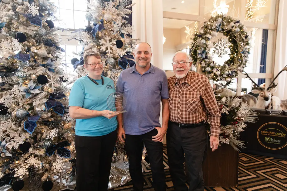 Natasha Zoe of JarHead Farm; Matt Nichols, business advisor at the West Virginia Hive; and Stan Loder, also of the farm (left to right) at the award presentation. The father-daughter team -- both Veterans -- in running JarHead Farm LLC in Monroe County earned them the top prize in the Southern West Virginia Business Idea Pitch Competition as well as the West Virginia Hive’s 2025 Survivor Bee of the Year award. Photo of JarHead Farm Award Presentation courtesy of NRGRDA