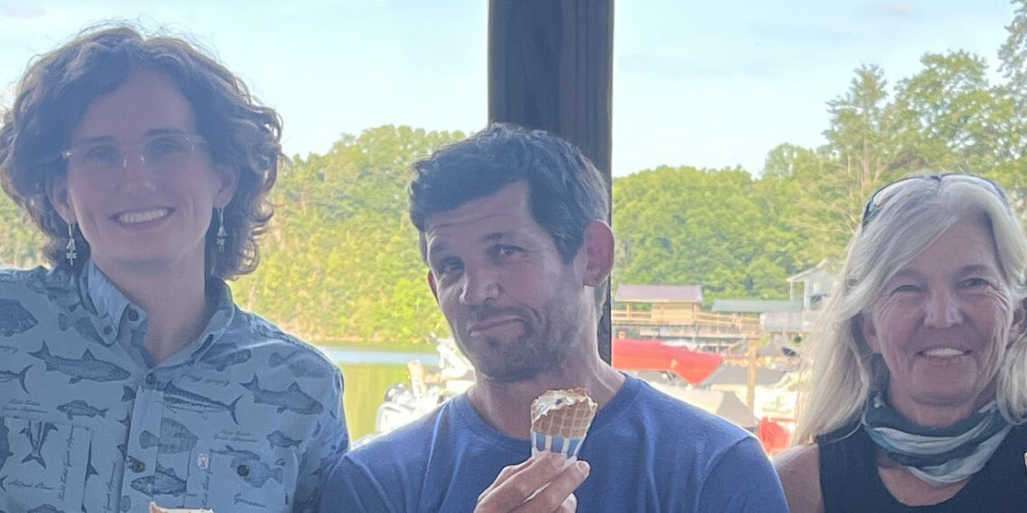 The New River Expedition Crew.  L-R:  Anastasia Jeffcoat, Abbey Mays, Dave Bernier, Ann Rose, and Lucy Bolin enjoying one of many ice creams they have had on their journey at Mountain2Island Marina on Claytor Lake, VA.