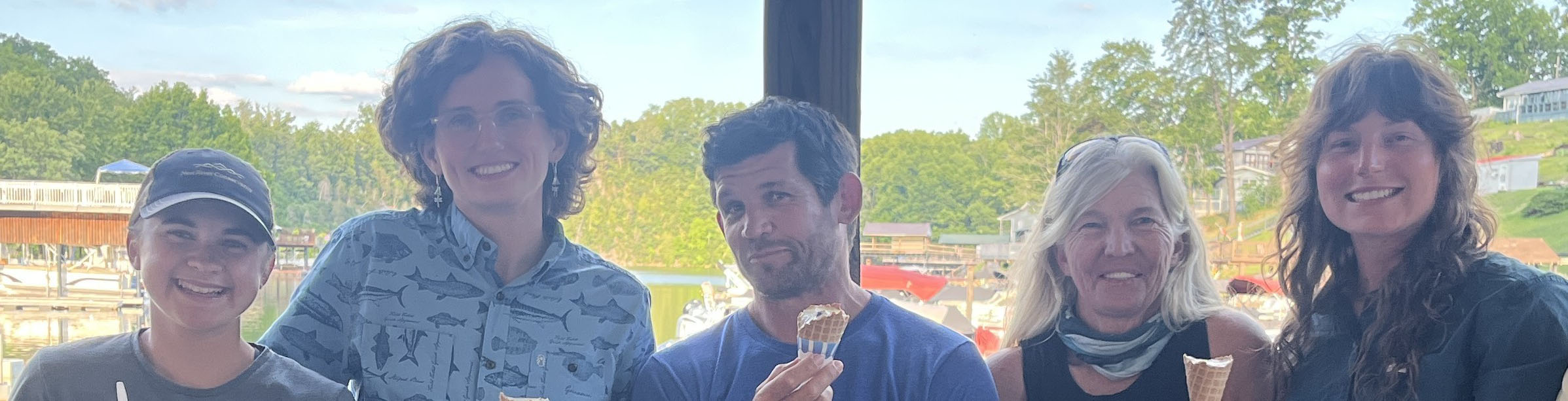 The New River Expedition Crew.  L-R:  Anastasia Jeffcoat, Abbey Mays, Dave Bernier, Ann Rose, and Lucy Bolin enjoying one of many ice creams they have had on their journey at Mountain2Island Marina on Claytor Lake, VA.