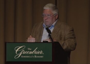 Patrick Morrisey speaks at the Greenbrier on Monday morning (Photo Courtesy: Gov. Morrisey/Facebook stream)