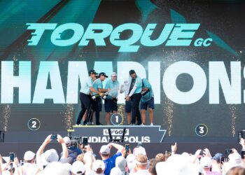 First place team champions Torque GC celebrate their team win as well as Sebastián Muñoz’s Individual win on the podium following the final round of LIV Golf Indianapolis 2025 at The Club at Chatham Hills in Westfield, Indiana. (Photo by LIV Golf)