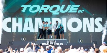 First place team champions Torque GC celebrate their team win as well as Sebastián Muñoz’s Individual win on the podium following the final round of LIV Golf Indianapolis 2025 at The Club at Chatham Hills in Westfield, Indiana. (Photo by LIV Golf)