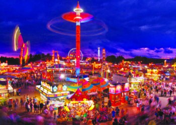 Photo of the carnival area after dark. Photo provided by The State Fair of West Virginia media resources.