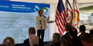 U.S. Senator Shelley Moore Capito (R-W.Va.) delivers remarks at a ribbon-cutting ceremony at Kibar Americas in Fairmont, W.Va. on Monday, September 14, 2026.